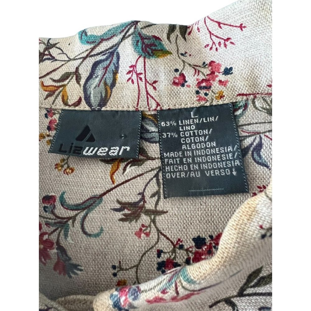 Vintage LizWear Sz L 90s Persian Floral Natural Linen Cotton Chore Jacket Coat - Picture 6 of 12